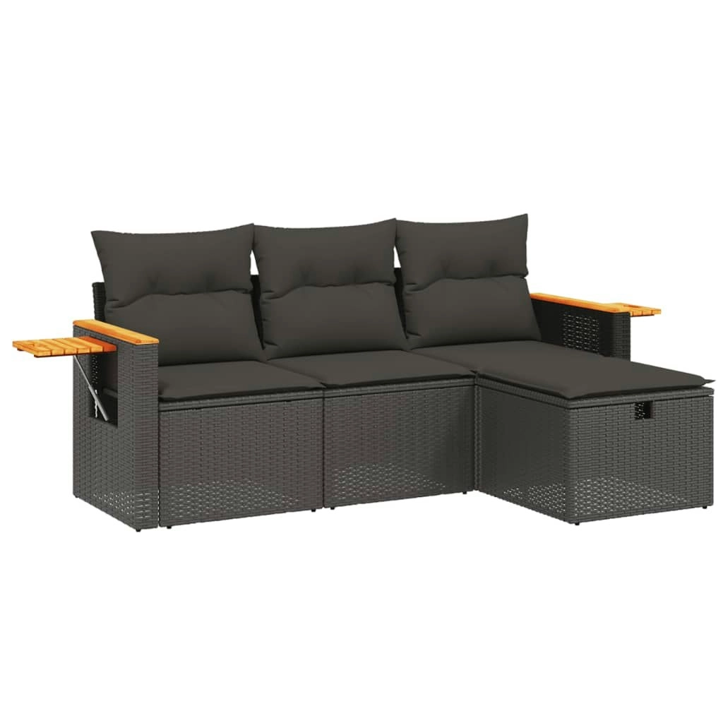 4 Piece Garden Sofa Set with Cushions Black Poly Rattan 3265486