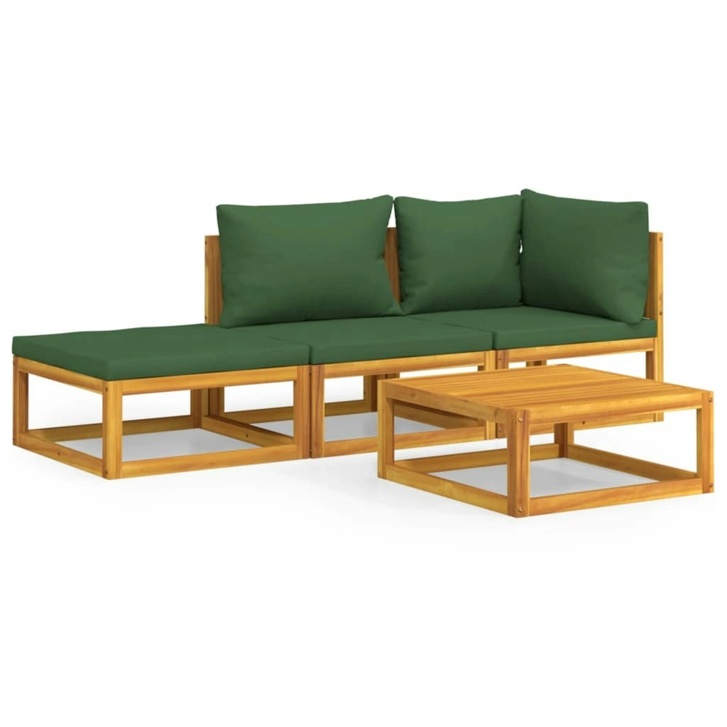 4 Piece Garden Lounge Set with Green Cushions Solid Wood 3155335