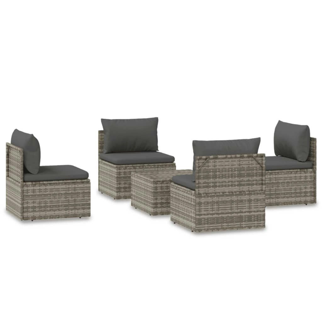 5 Piece Garden Lounge Set with Cushions Grey Poly Rattan 3157504