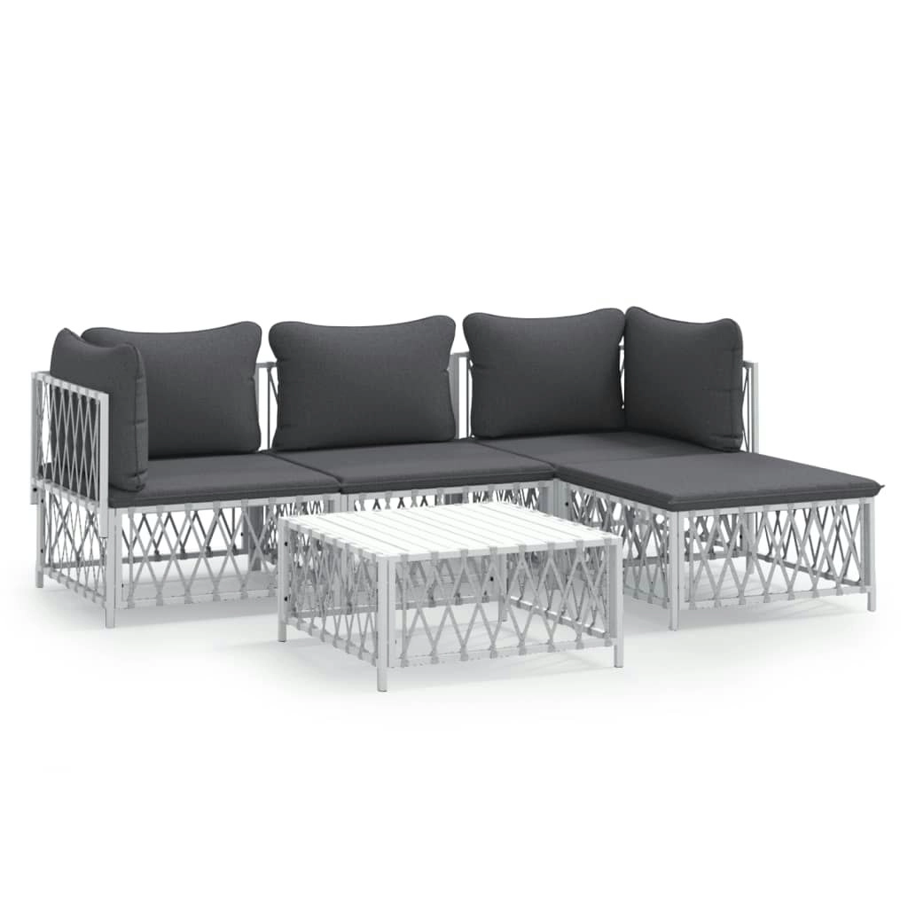 5 Piece Garden Lounge Set with Cushions White Steel 3186862