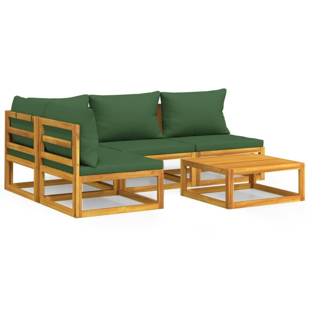 5 Piece Garden Lounge Set with Green Cushions Solid Wood 3155333