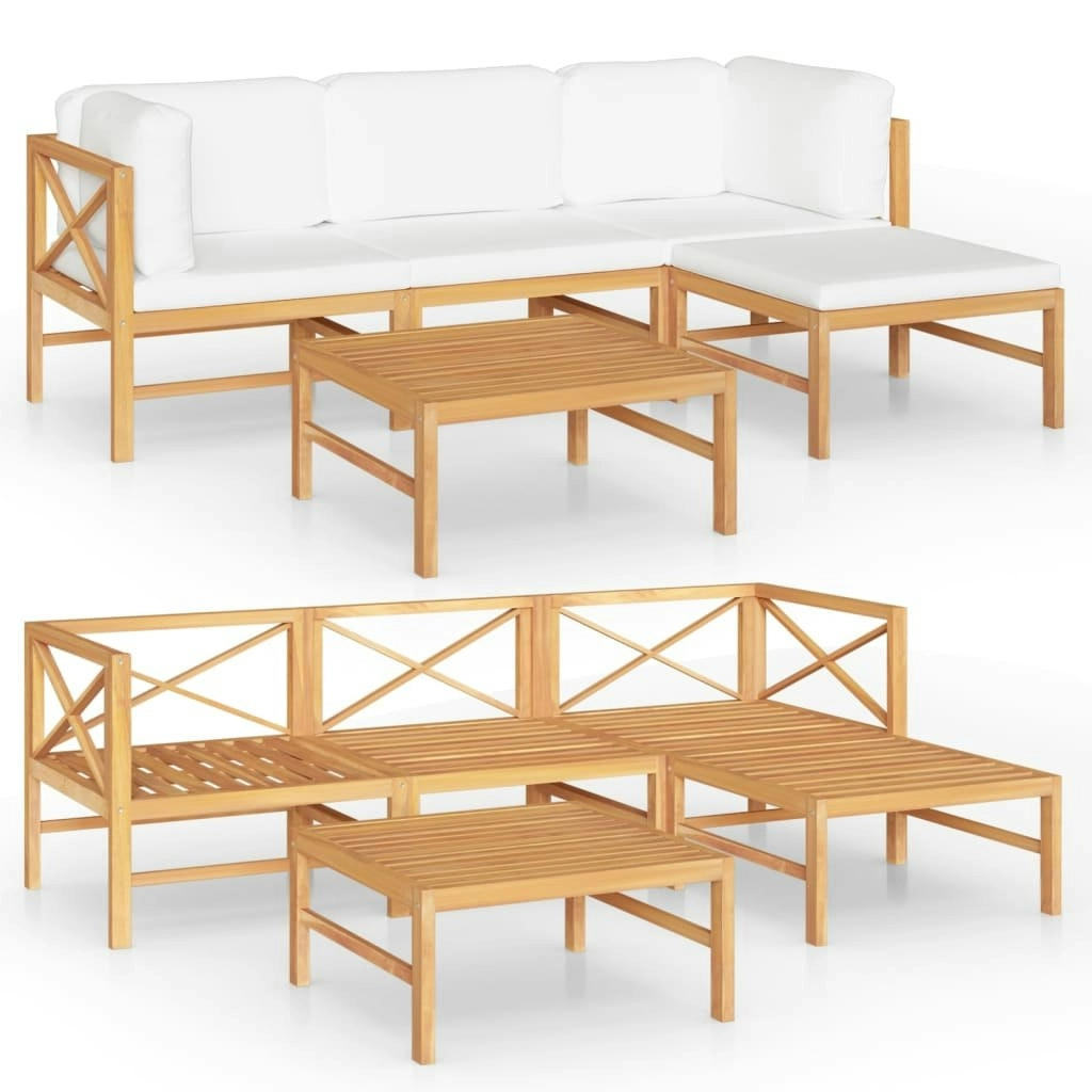 5 Piece Garden Lounge Set with Cream Cushions Solid Teak Wood 3087198