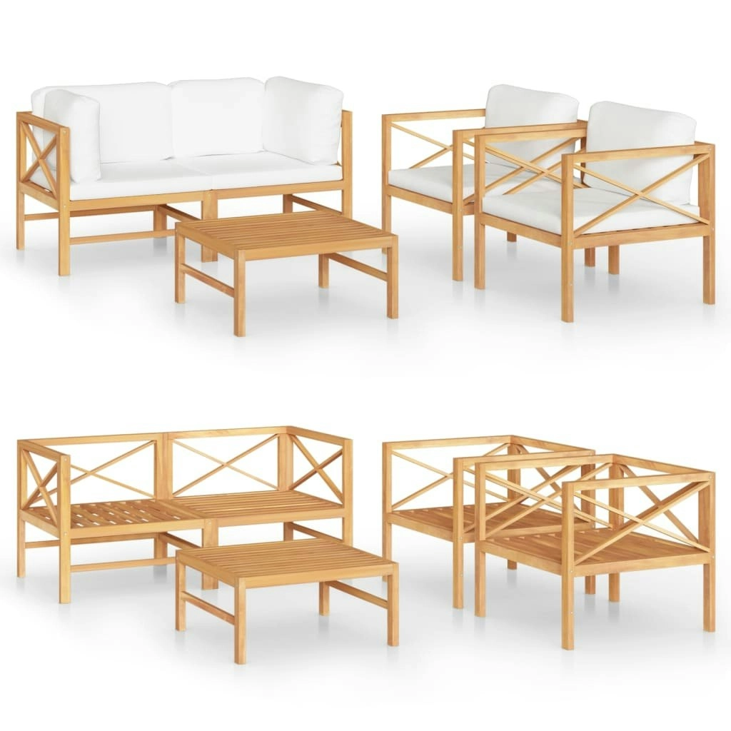 5 Piece Garden Lounge Set with Cream Cushions Solid Teak Wood 3087212