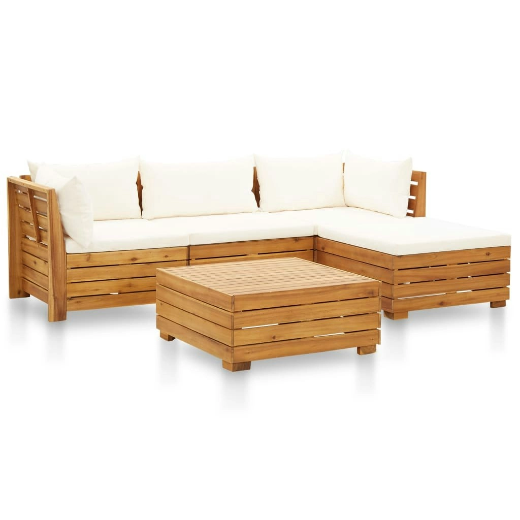 5 Piece Garden Lounge Set with Cushions Acacia Wood Cream White 46681