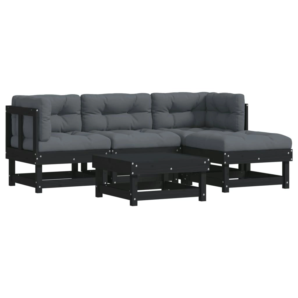 5 Piece Garden Lounge Set with Cushions Black Solid Wood 3185791