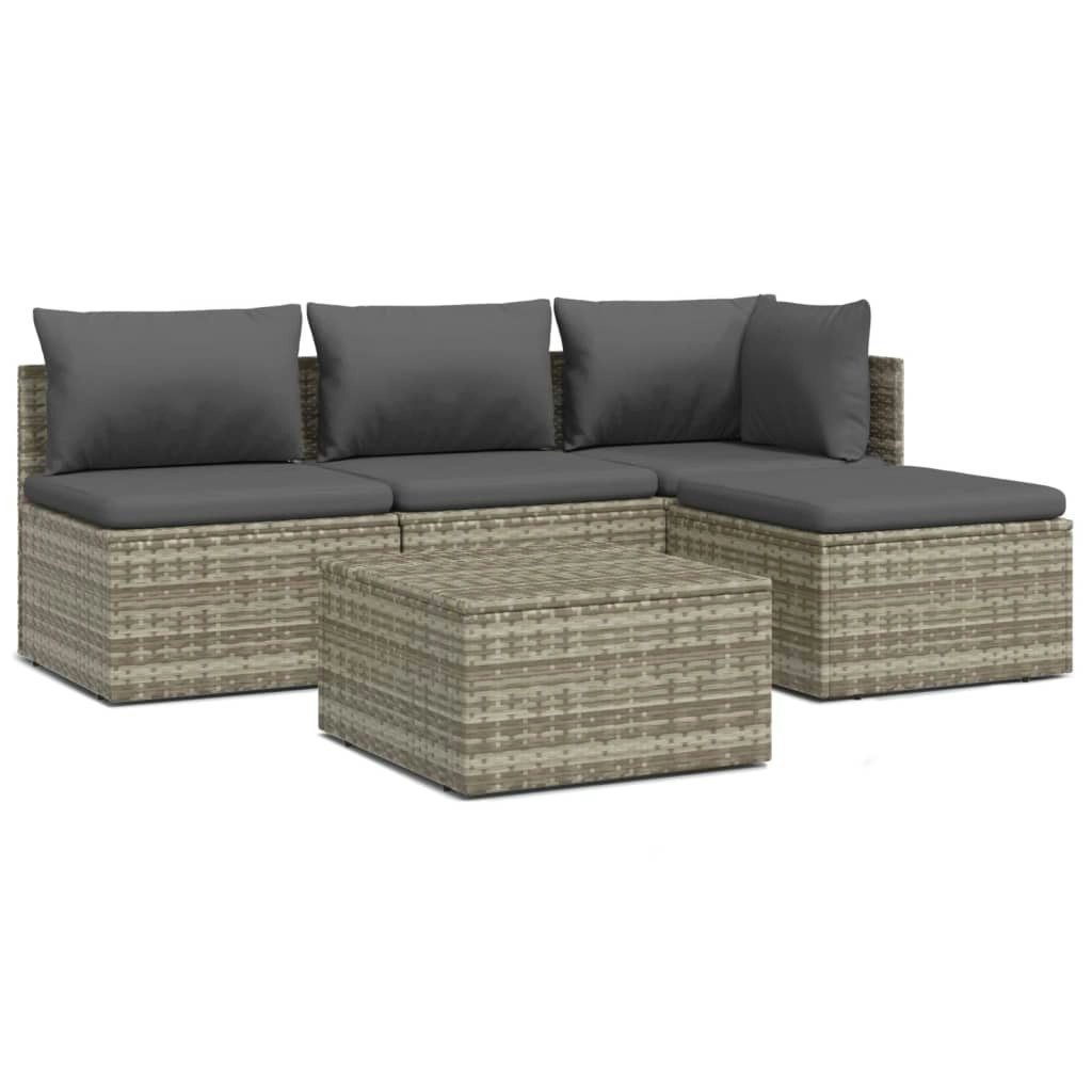 5 Piece Garden Lounge Set with Cushions Grey Poly Rattan 3157313