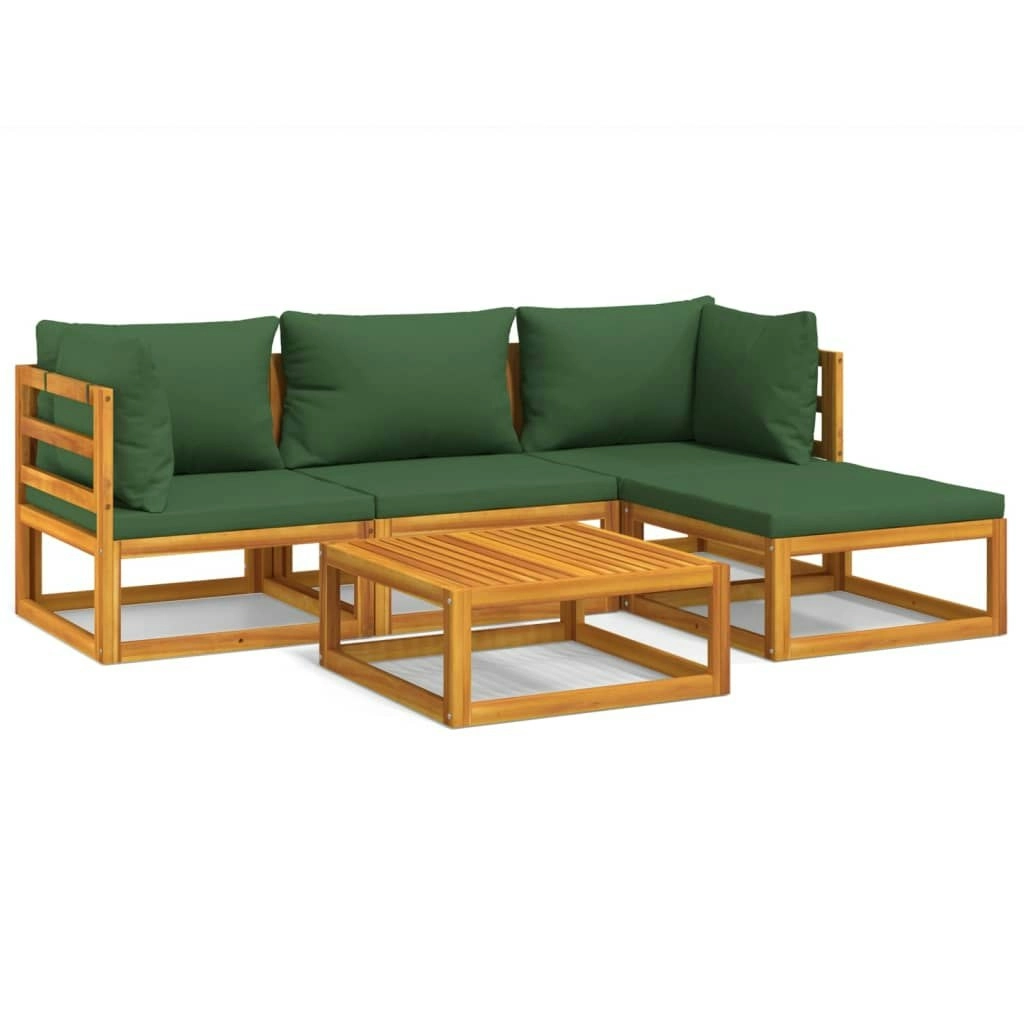 5 Piece Garden Lounge Set with Green Cushions Solid Wood 3155310