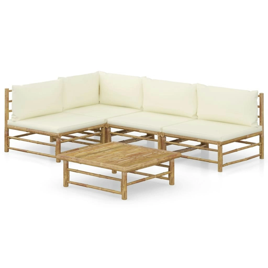 5 Piece Garden Lounge Set with Cream White Cushions Bamboo 3058241