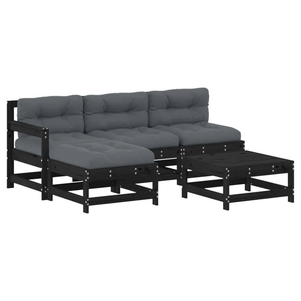 5 Piece Garden Lounge Set with Cushions Black Solid Wood 3186057