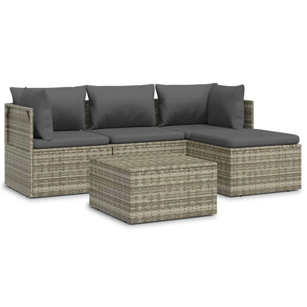 5 Piece Garden Lounge Set with Cushions Grey Poly Rattan 3157318