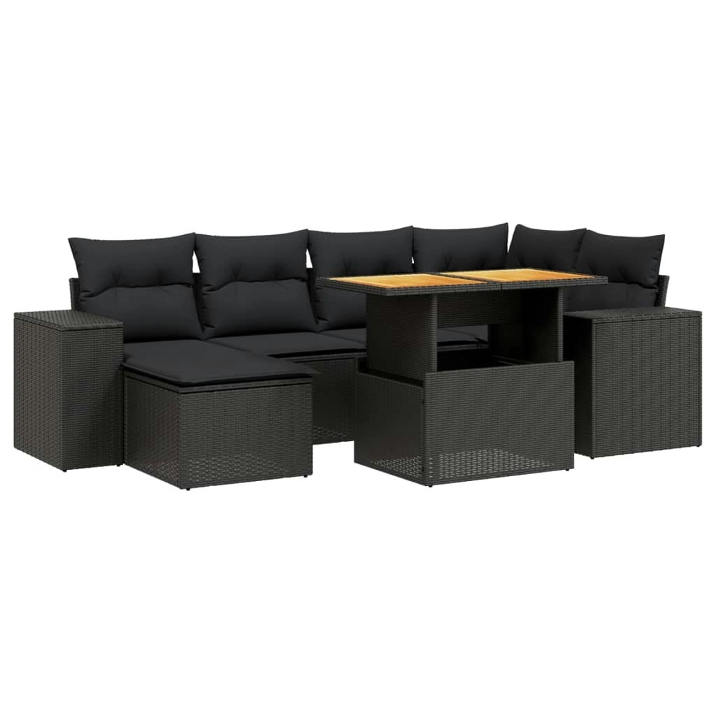 7 Piece Garden Sofa Set with Cushions Black Poly Rattan 3272735