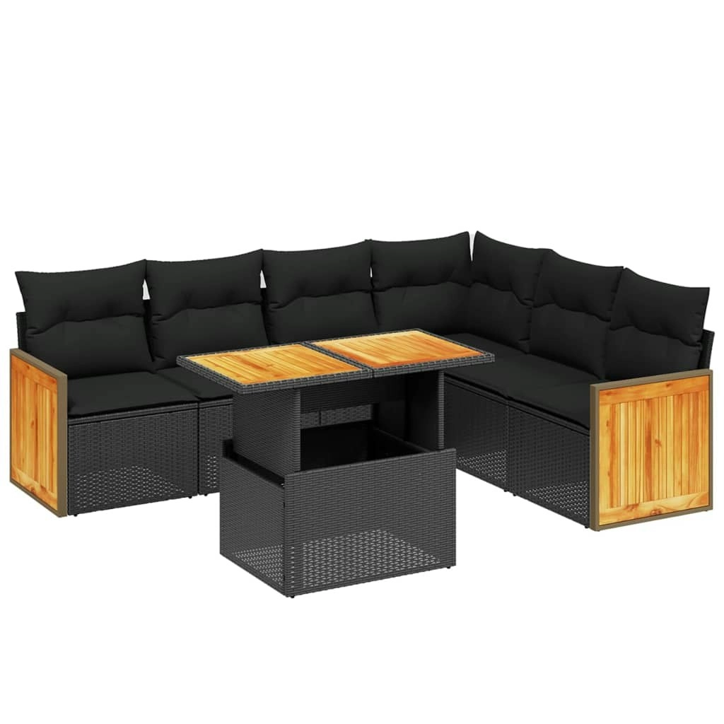 7 Piece Garden Sofa Set with Cushions Black Poly Rattan 3273974