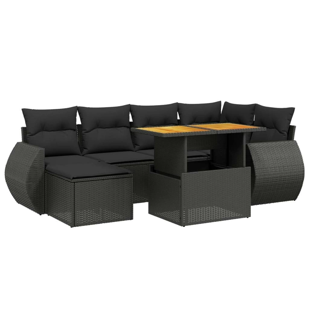 7 Piece Garden Sofa Set with Cushions Black Poly Rattan 3275813