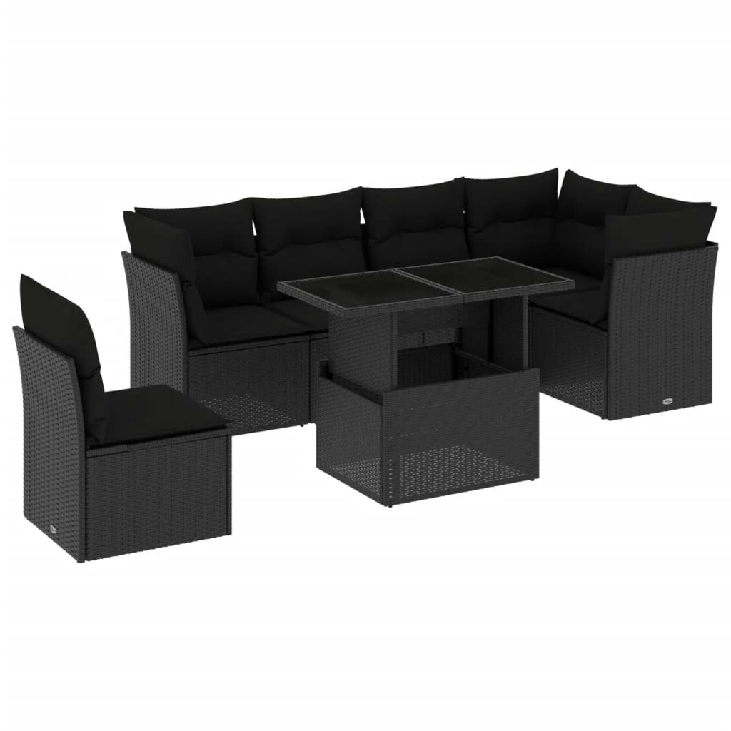 7 Piece Garden Sofa Set with Cushions Black Poly Rattan 3266615