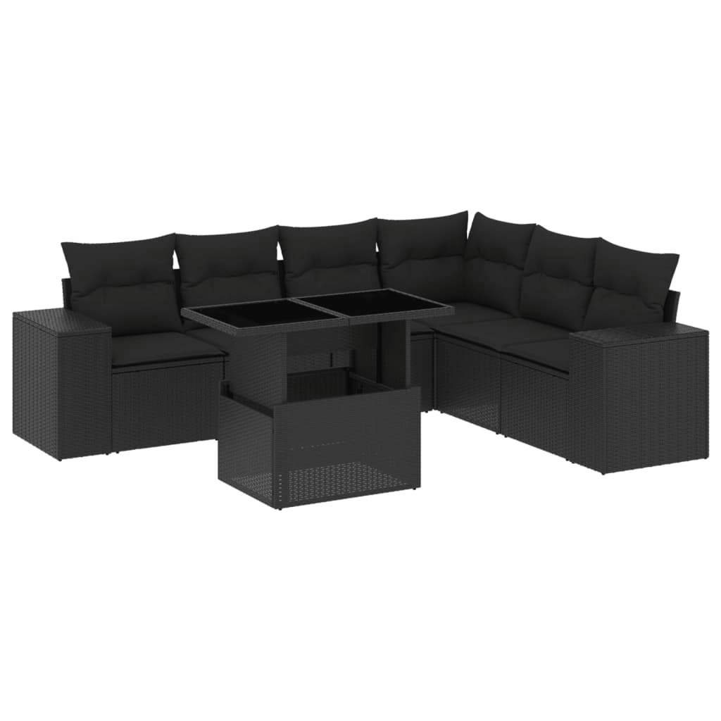 7 Piece Garden Sofa Set with Cushions Black Poly Rattan 3269185