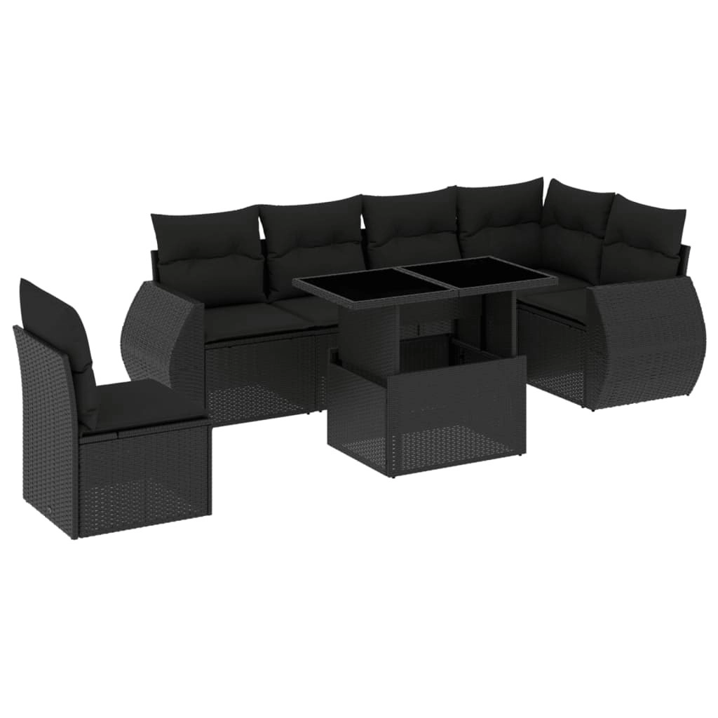 7 Piece Garden Sofa Set with Cushions Black Poly Rattan 3268565