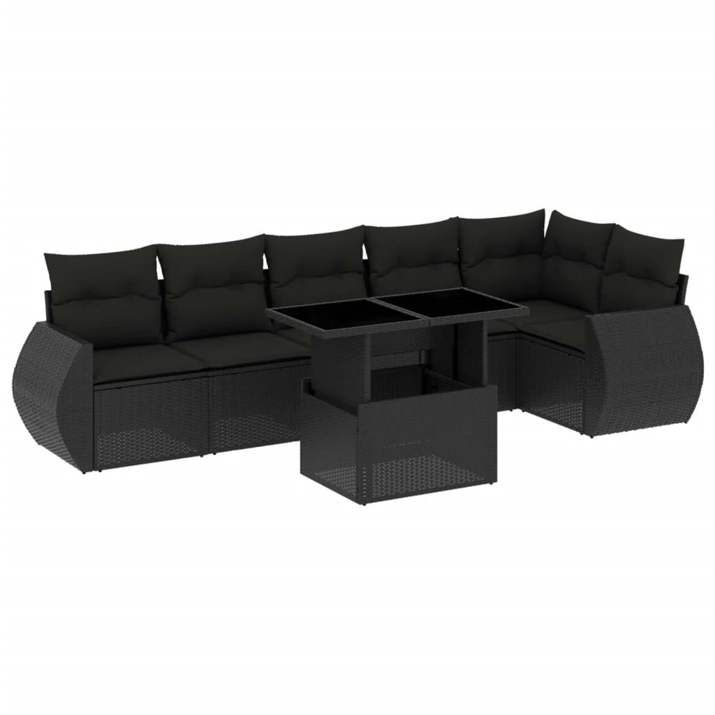 7 Piece Garden Sofa Set with Cushions Black Poly Rattan 3268545