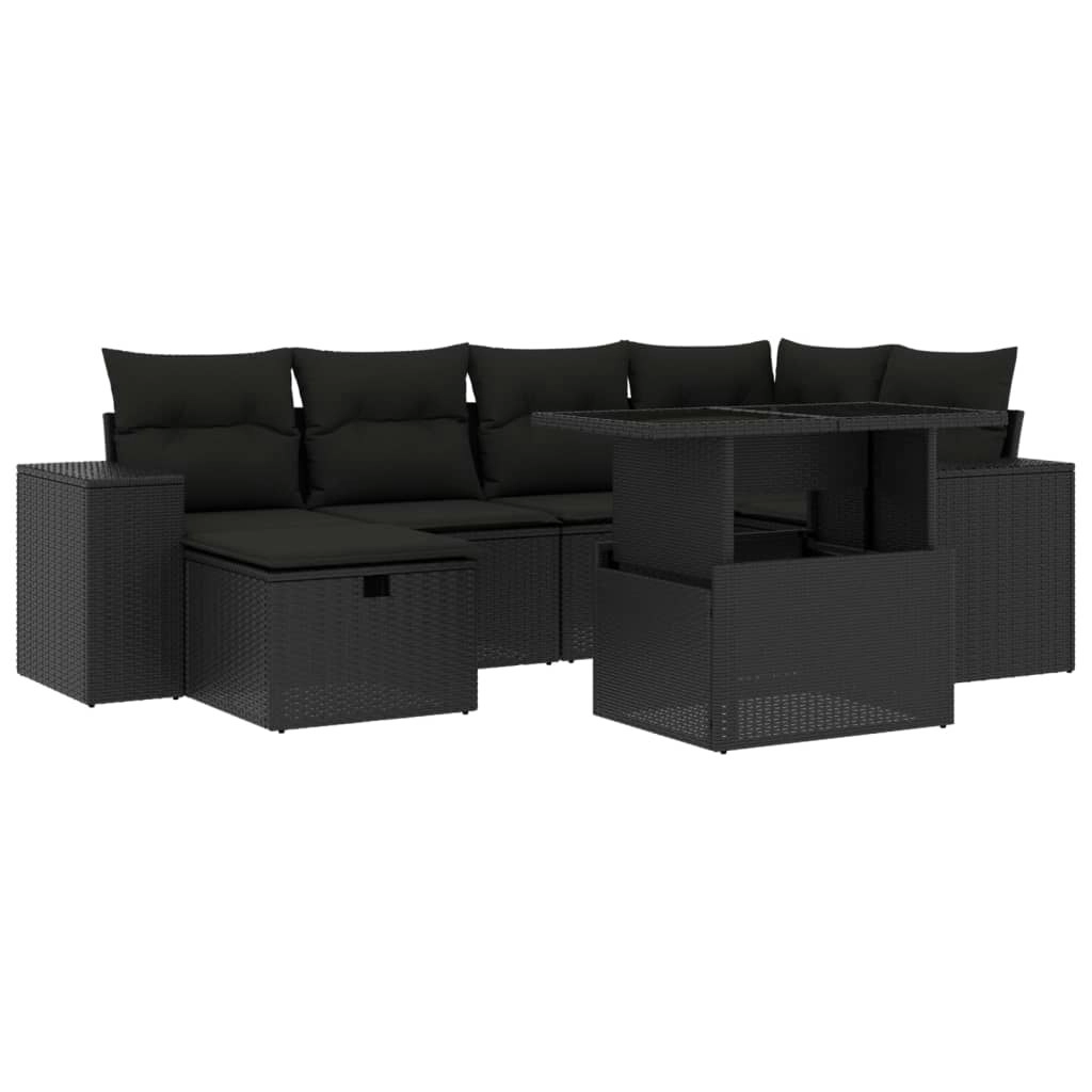 7 Piece Garden Sofa Set with Cushions Black Poly Rattan 3275295