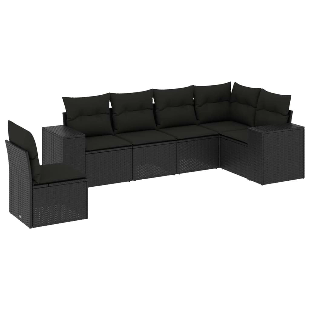 6 Piece Garden Sofa Set with Cushions Black Poly Rattan 3222624