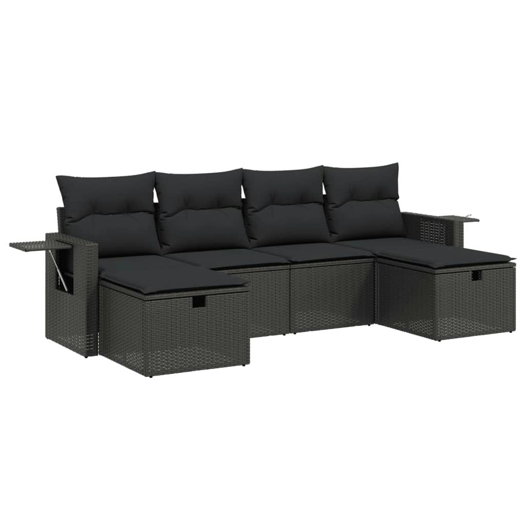 6 Piece Garden Sofa Set with Cushions Black Poly Rattan 3263851