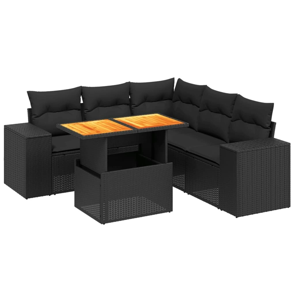 6 Piece Garden Sofa Set with Cushions Black Poly Rattan 3272630