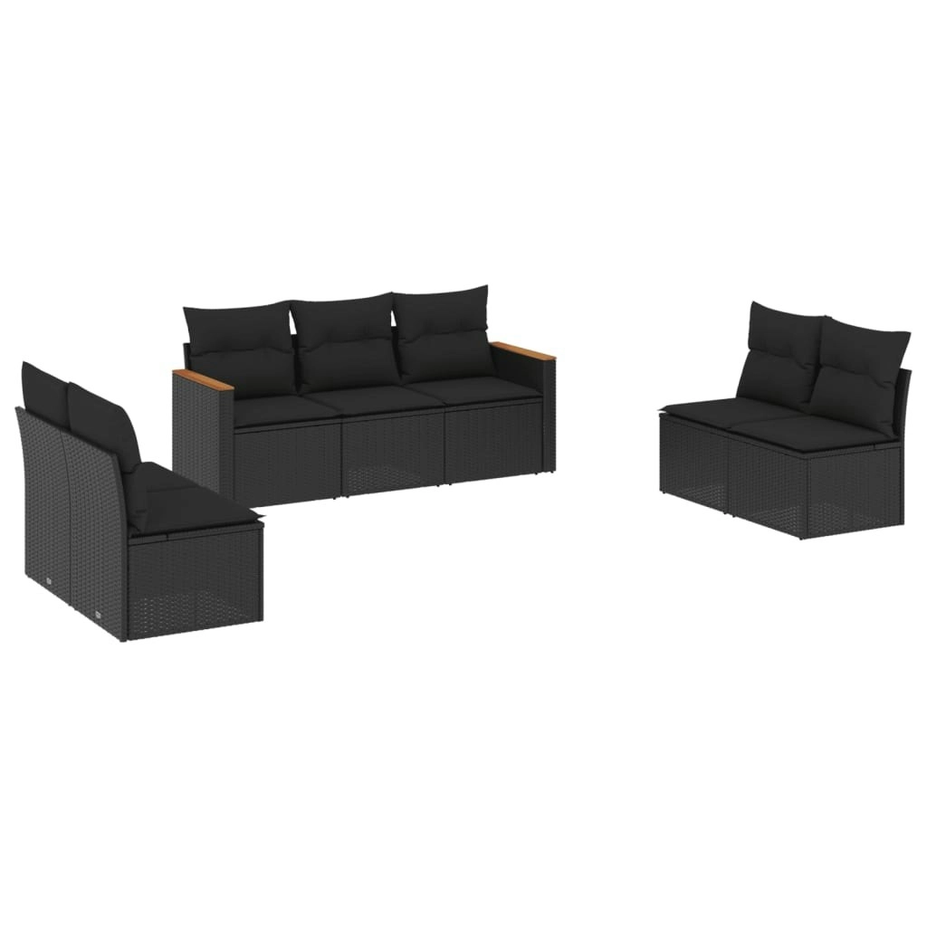 7 Piece Garden Sofa Set with Cushions Black Poly Rattan 3258275