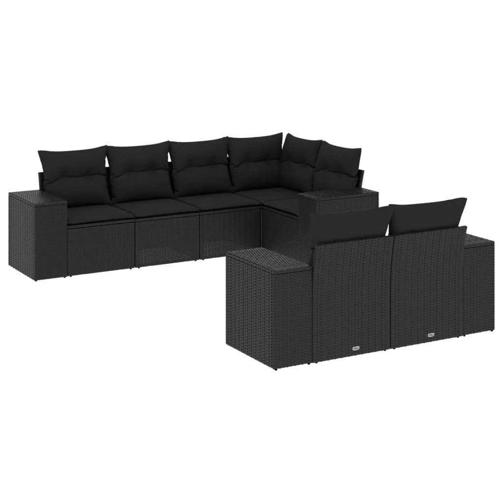 7 Piece Garden Sofa Set with Cushions Black Poly Rattan 3255142