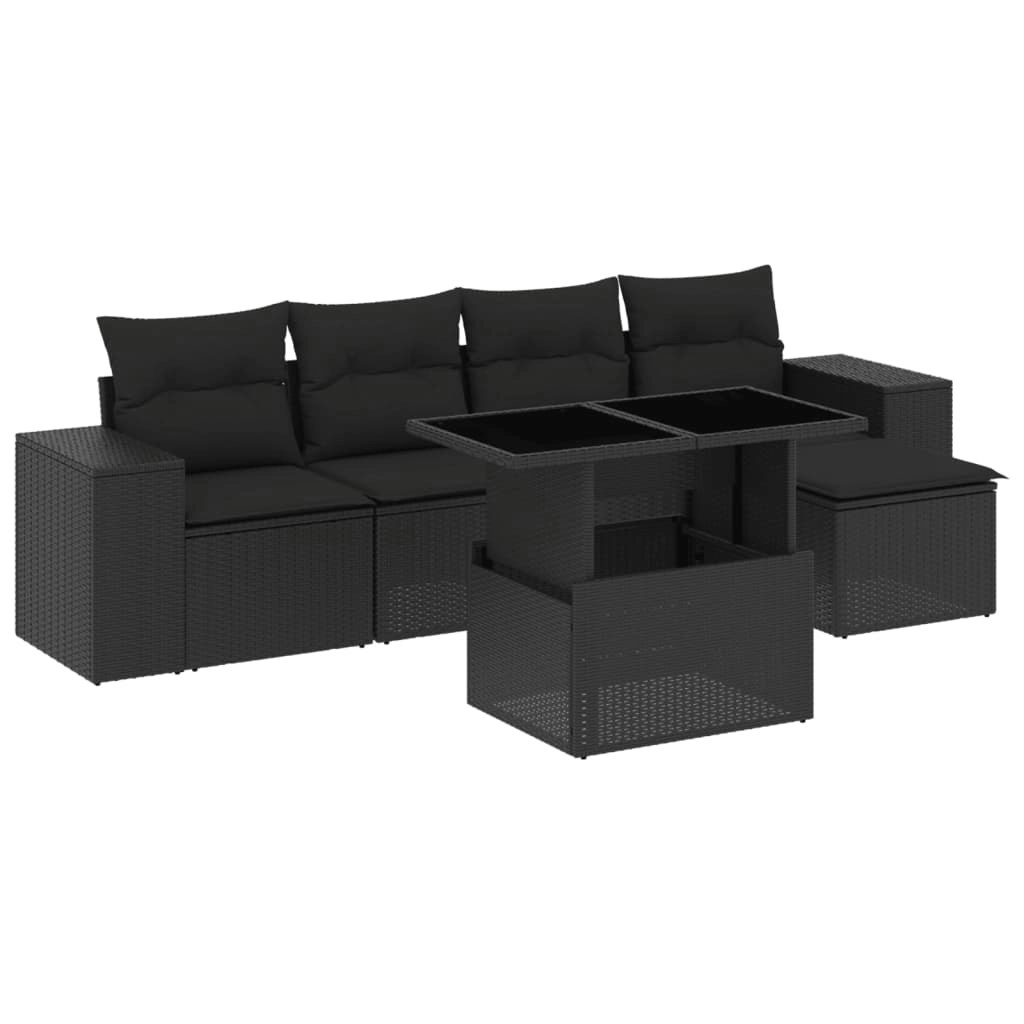 6 Piece Garden Sofa Set with Cushions Black Poly Rattan 3269125