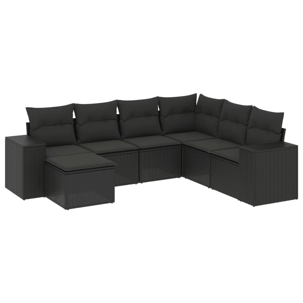 7 Piece Garden Sofa Set with Cushions Black Poly Rattan 3255232