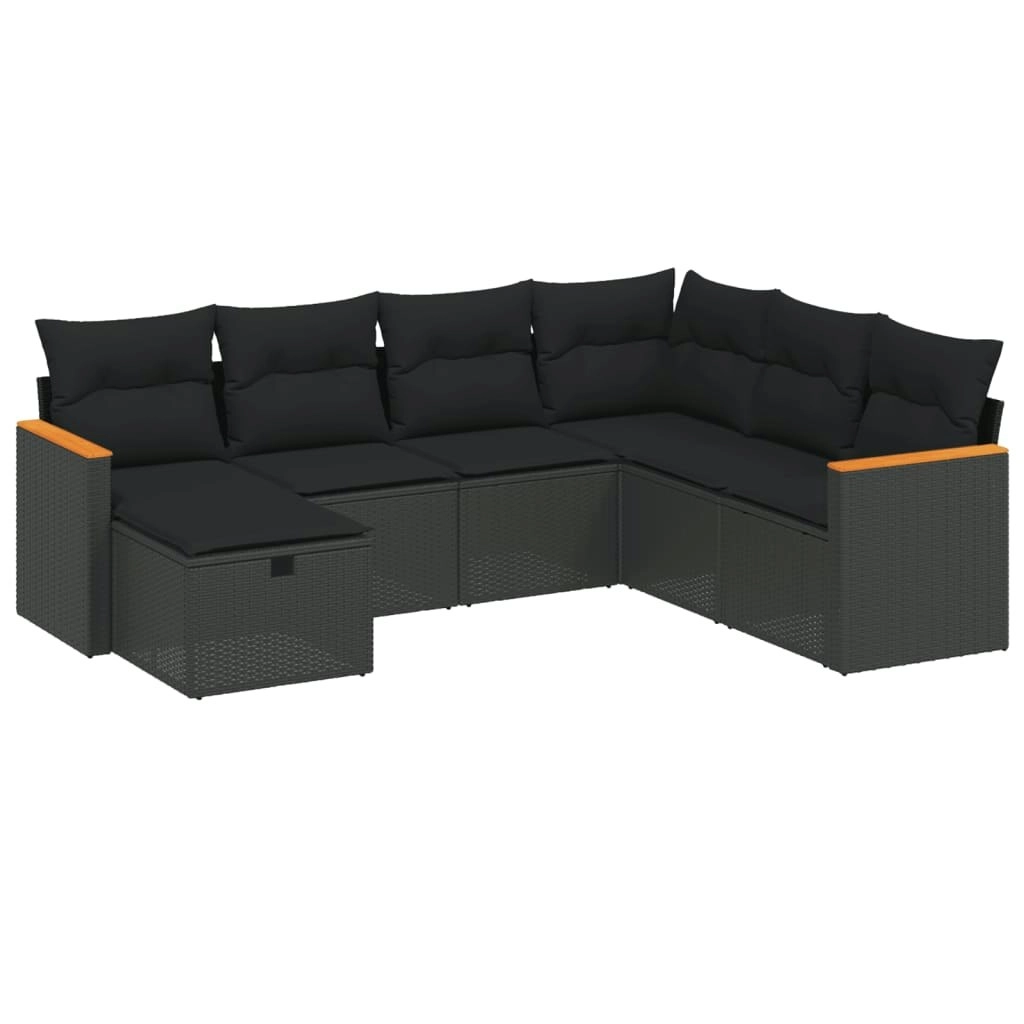 7 Piece Garden Sofa Set with Cushions Black Poly Rattan 3265325