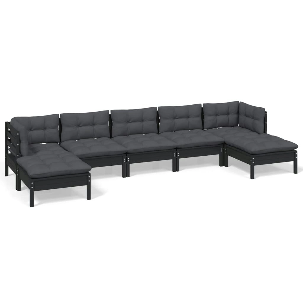 7 Piece Garden Lounge Set with Cushions Black Pinewood 3097095