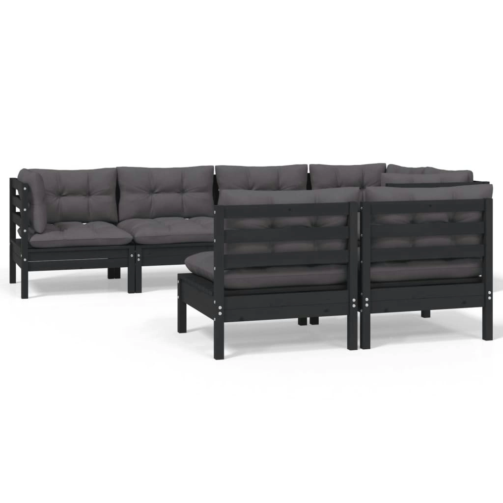 7 Piece Garden Lounge Set with Cushions Black Solid Pinewood 3096446