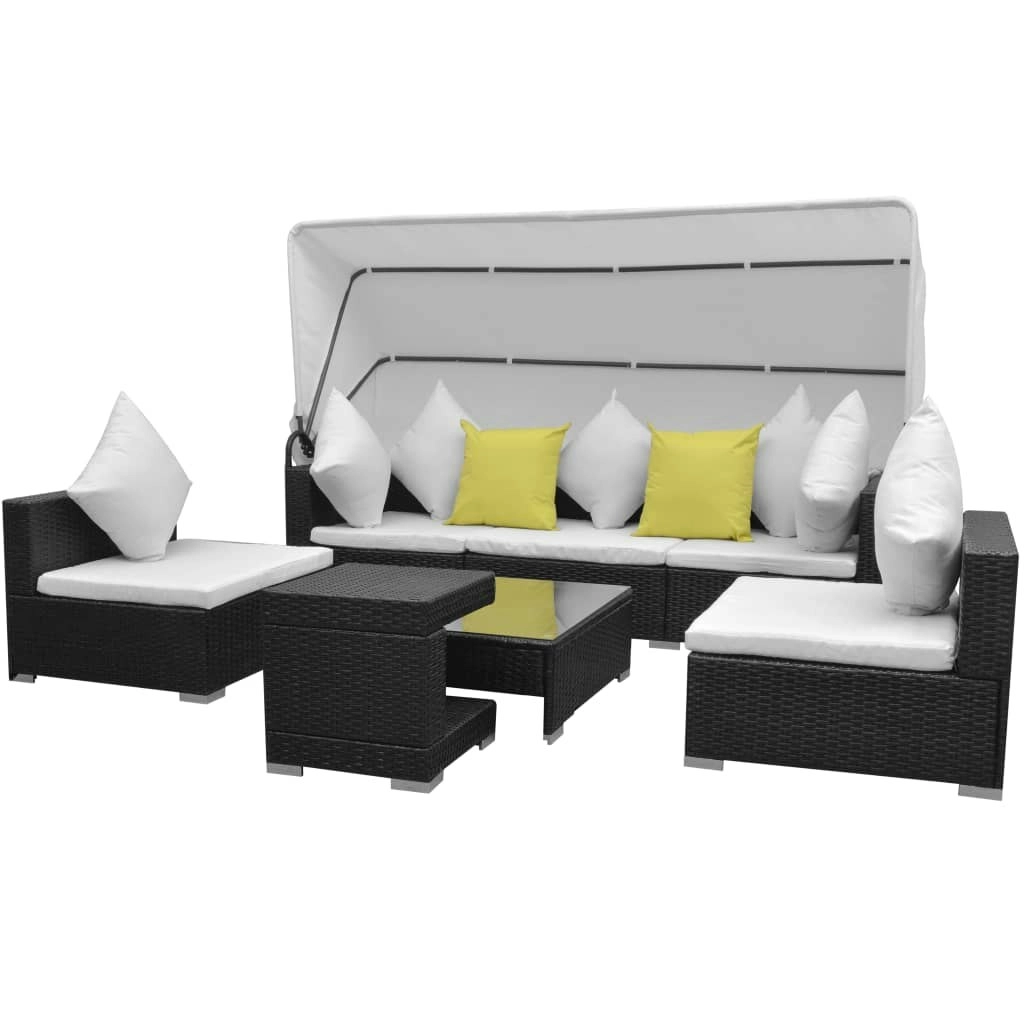 7 Piece Garden Lounge Set with Canopy Poly Rattan Black 42750