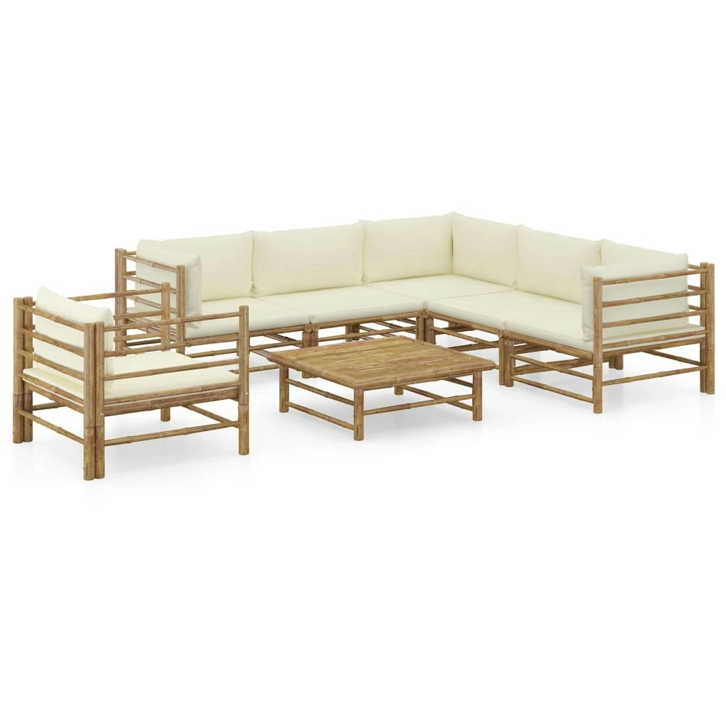 7 Piece Garden Lounge Set with Cream White Cushions Bamboo 3058215