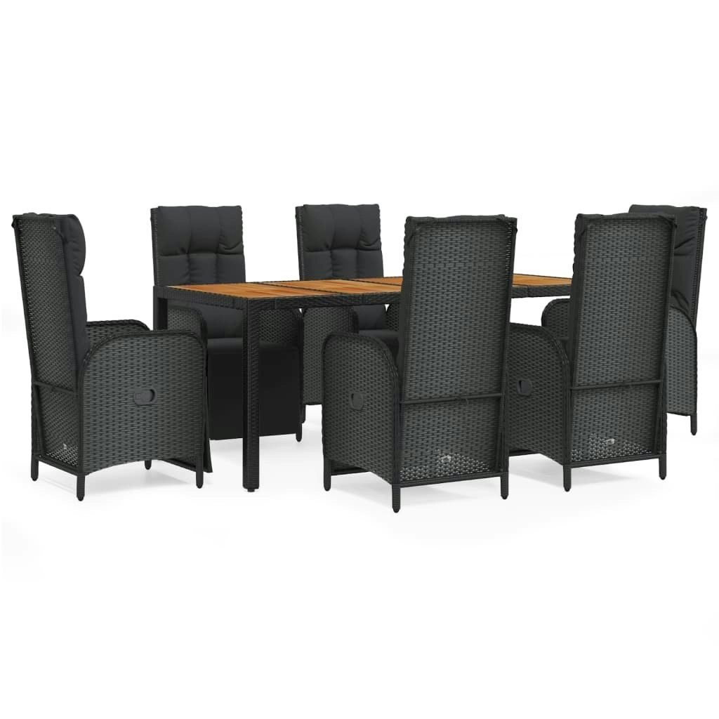 7 Piece Garden Dining Set with Cushions Black Poly Rattan 3185078