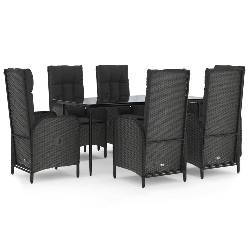 7 Piece Garden Dining Set with Cushions Black Poly Rattan 3185172