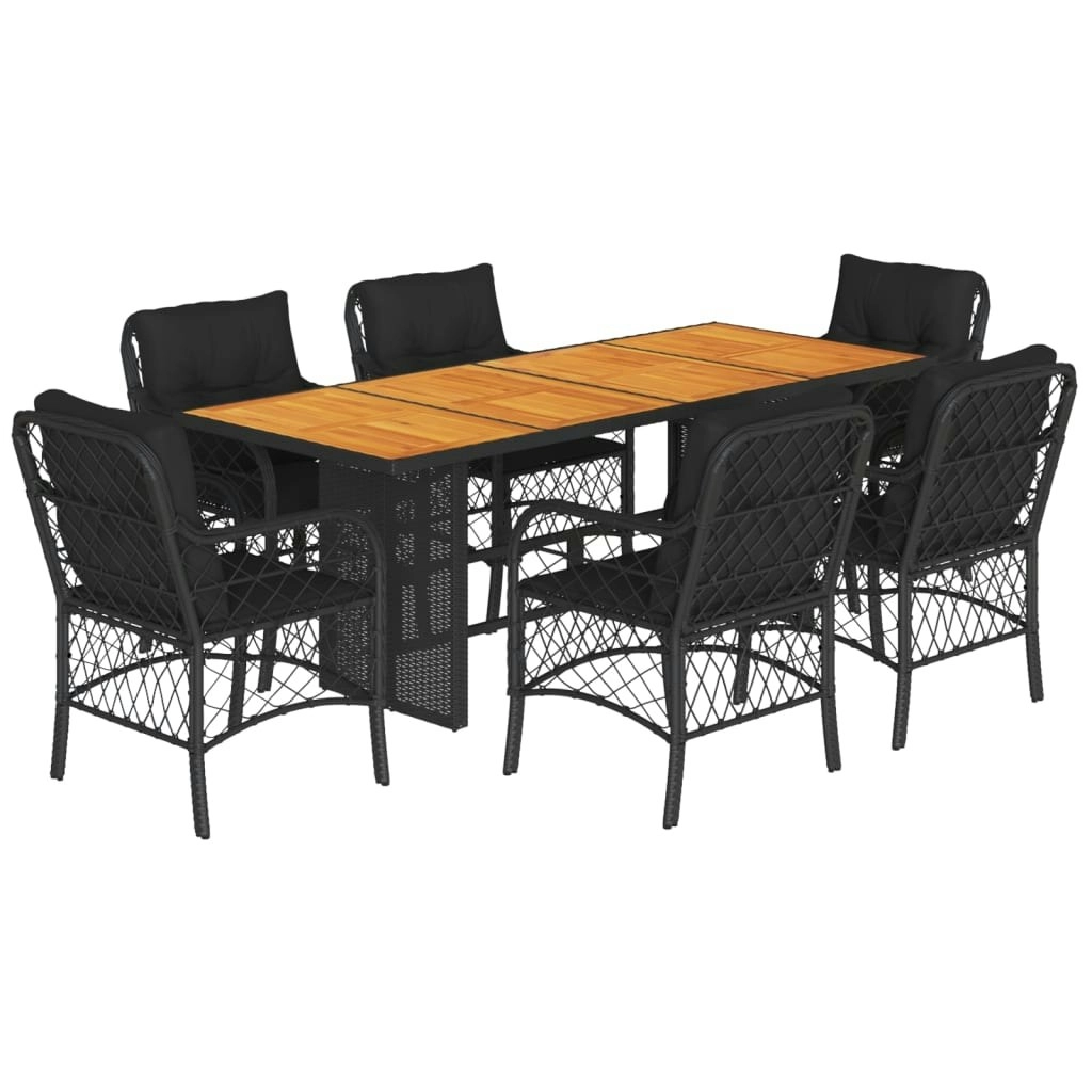 7 Piece Garden Dining Set with Cushions Black Poly Rattan 3212072