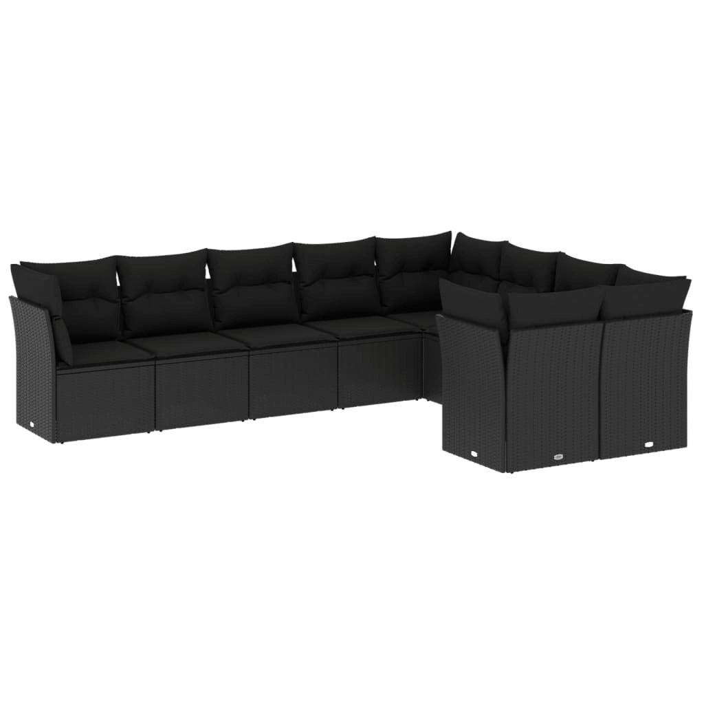 9 Piece Garden Sofa Set with Cushions Black Poly Rattan 3250004