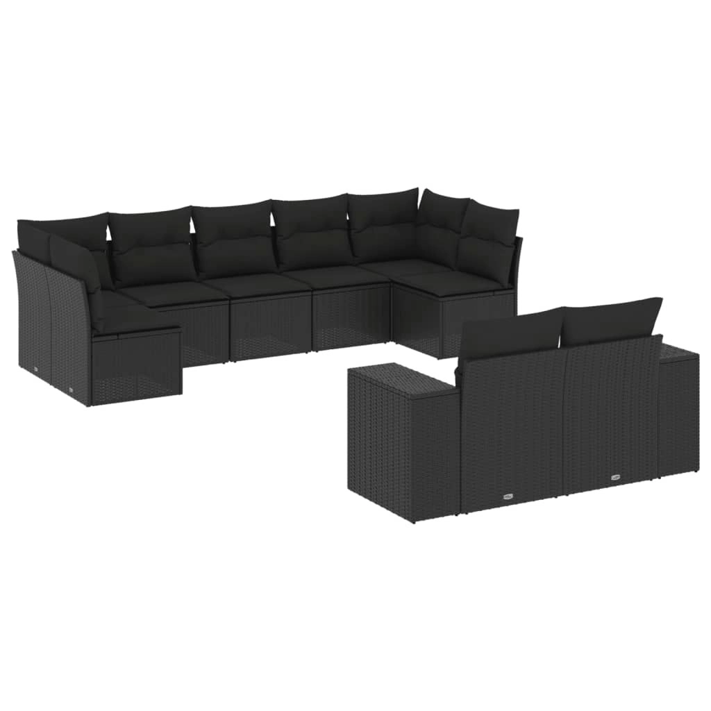 9 Piece Garden Sofa Set with Cushions Black Poly Rattan 3255352