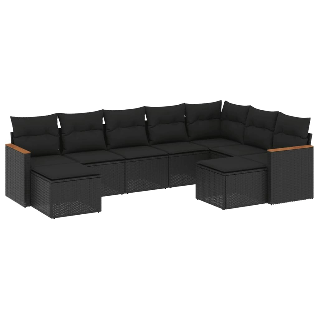 9 Piece Garden Sofa Set with Cushions Black Poly Rattan 3258940