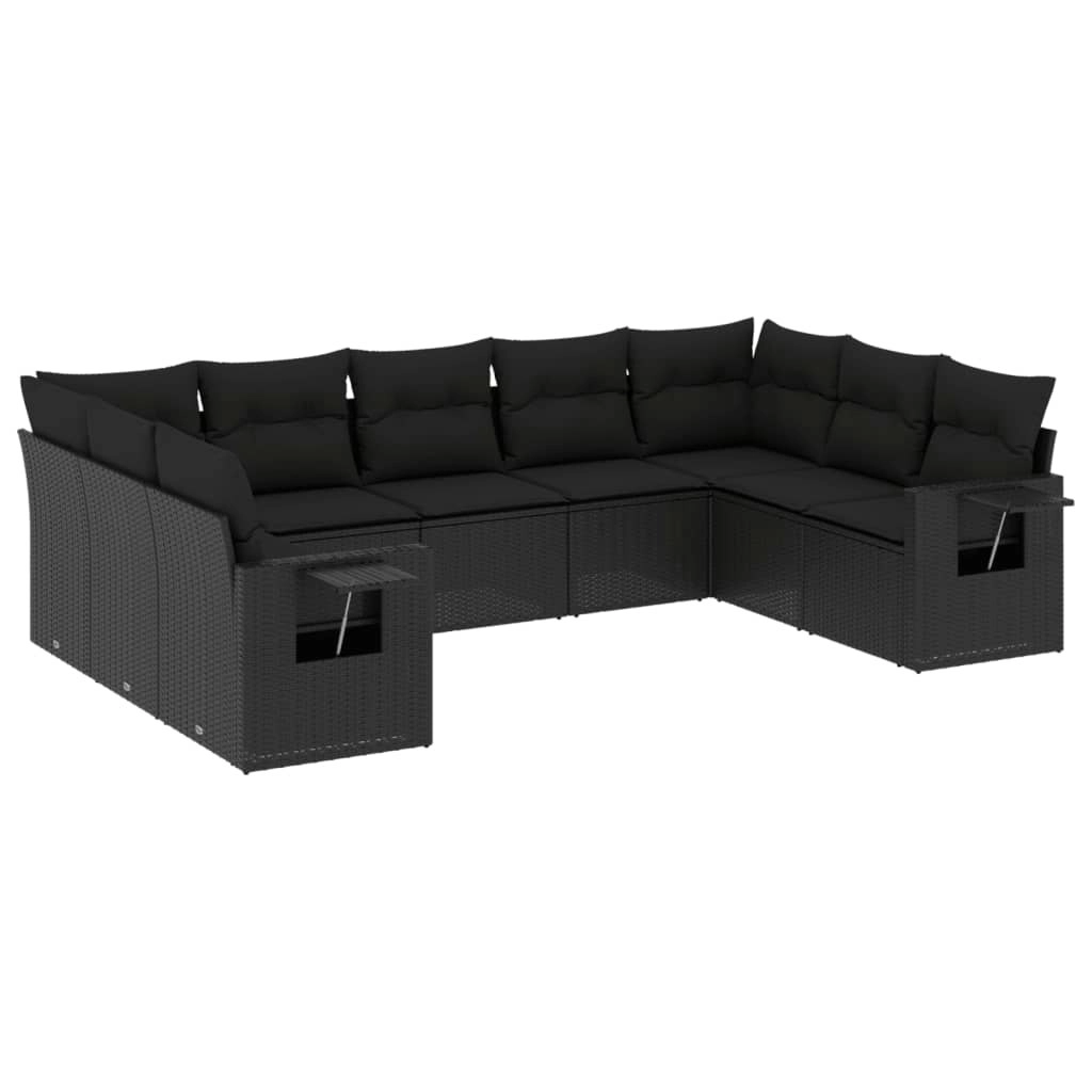 9 Piece Garden Sofa Set with Cushions Black Poly Rattan 3220594