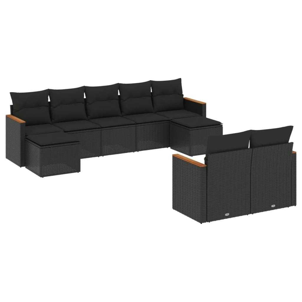 9 Piece Garden Sofa Set with Cushions Black Poly Rattan 3258800