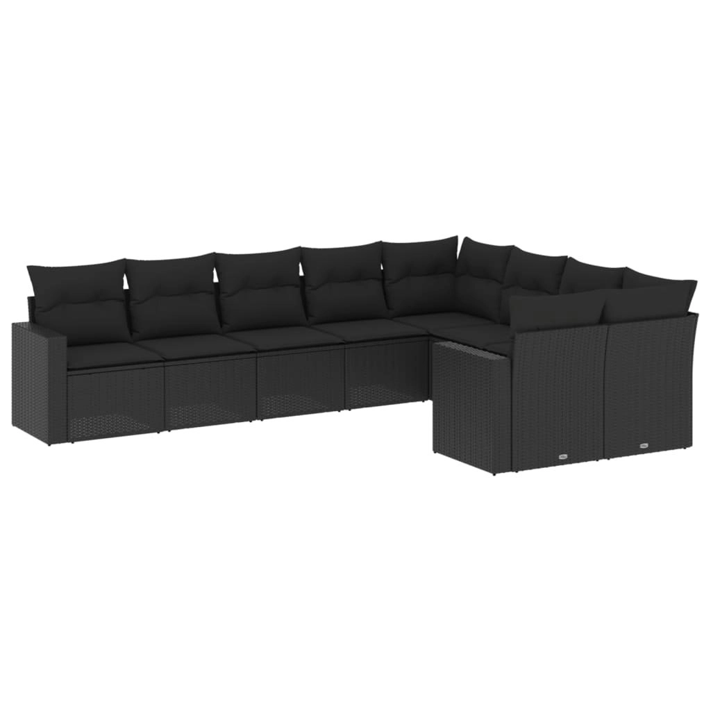 9 Piece Garden Sofa Set with Cushions Black Poly Rattan 3219425