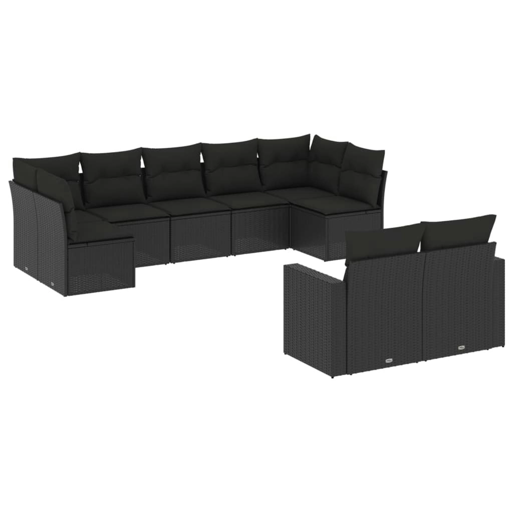 9 Piece Garden Sofa Set with Cushions Black Poly Rattan 3219405