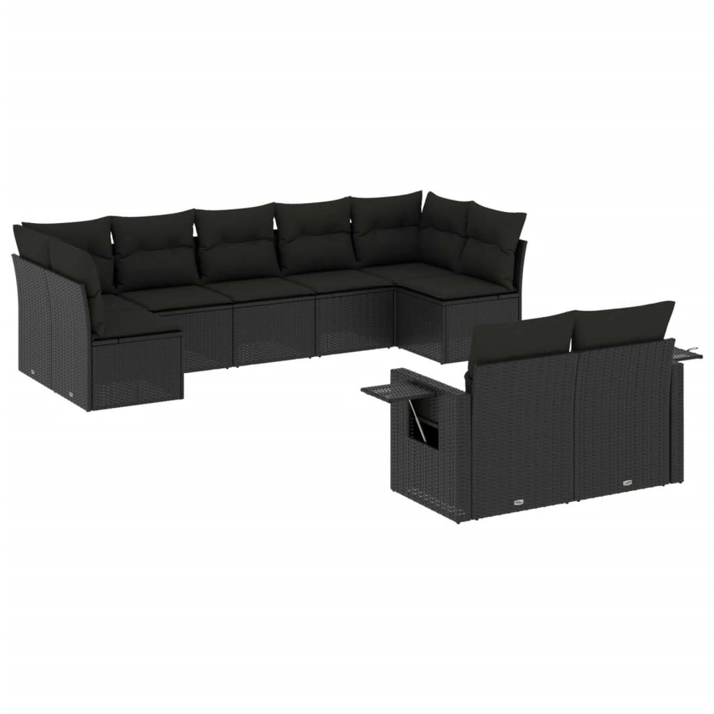 9 Piece Garden Sofa Set with Cushions Black Poly Rattan 3220614