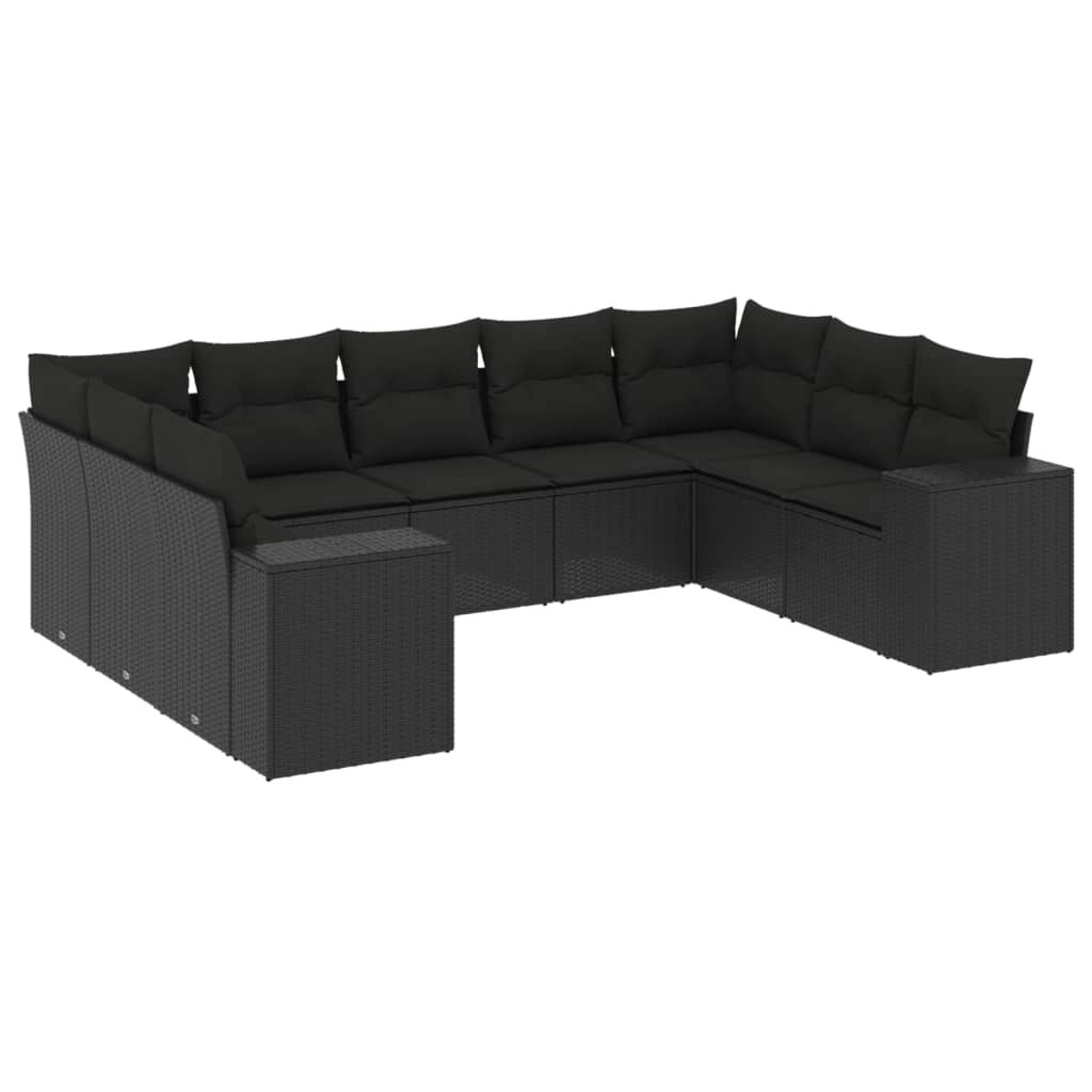 9 Piece Garden Sofa Set with Cushions Black Poly Rattan 3222994