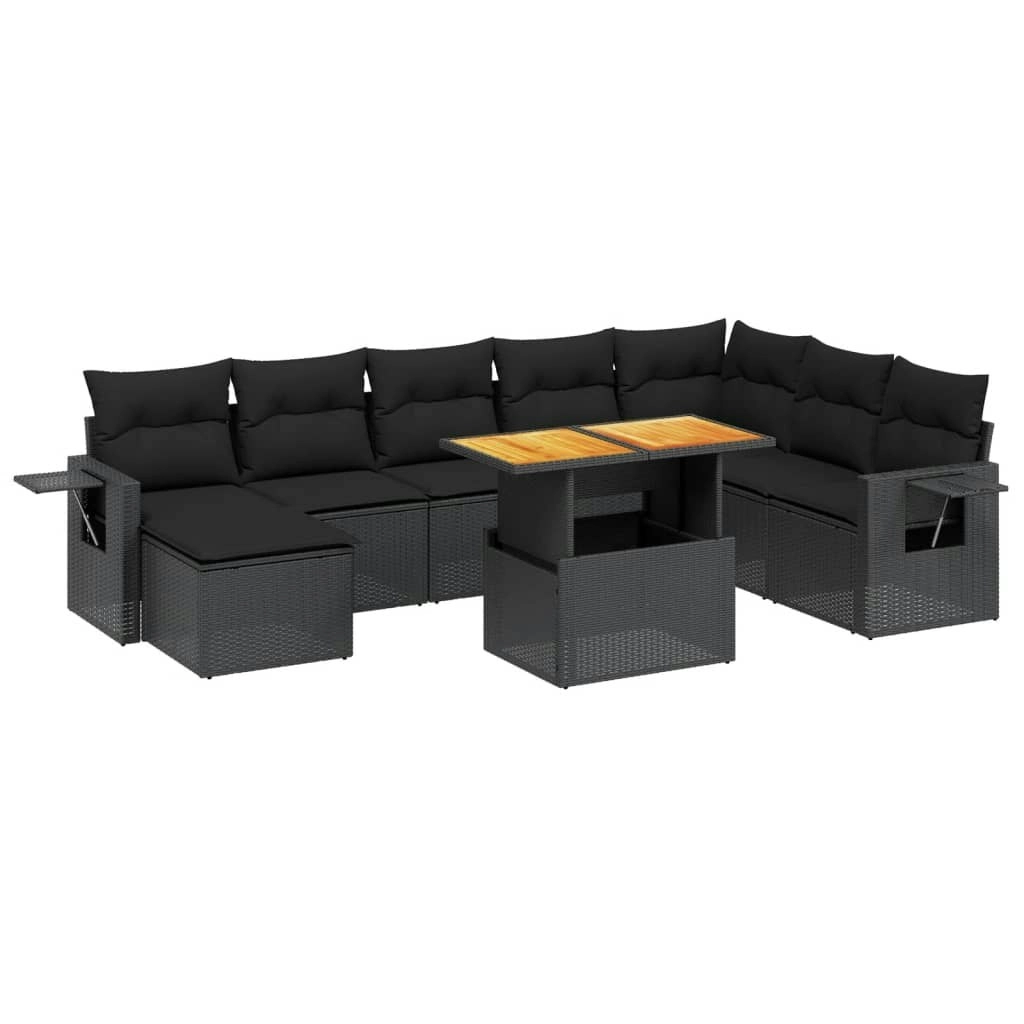 9 Piece Garden Sofa Set with Cushions Black Poly Rattan 3271888