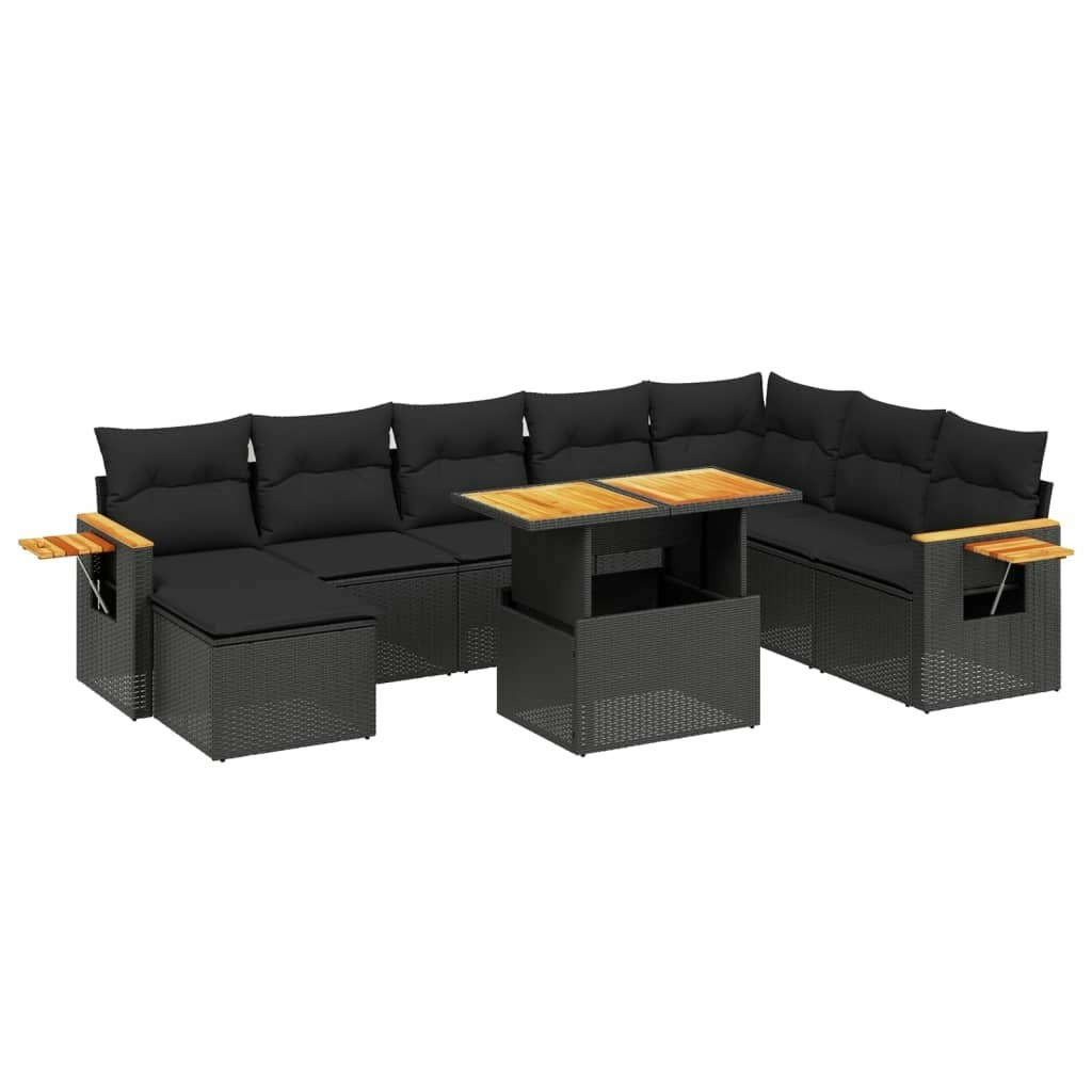 9 Piece Garden Sofa Set with Cushions Black Poly Rattan 3273652