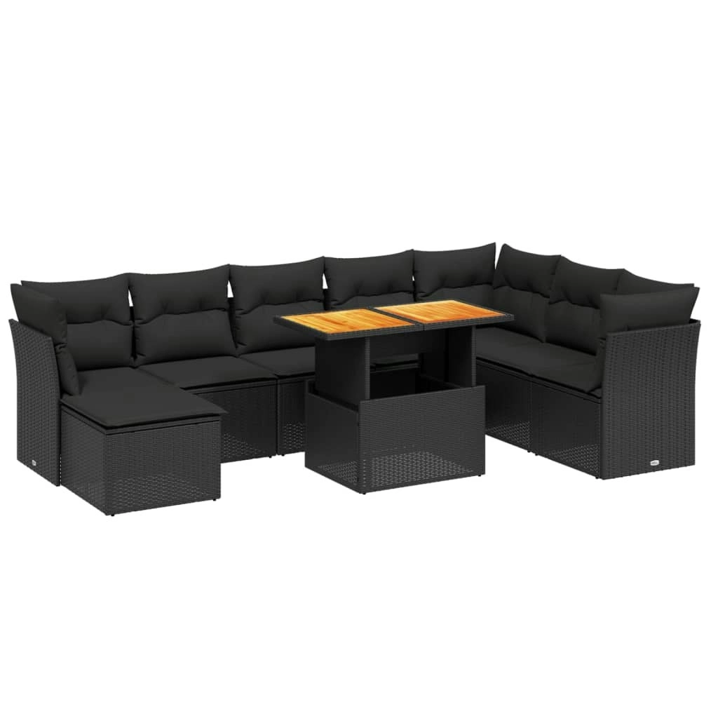 9 Piece Garden Sofa Set with Cushions Black Poly Rattan 3270971