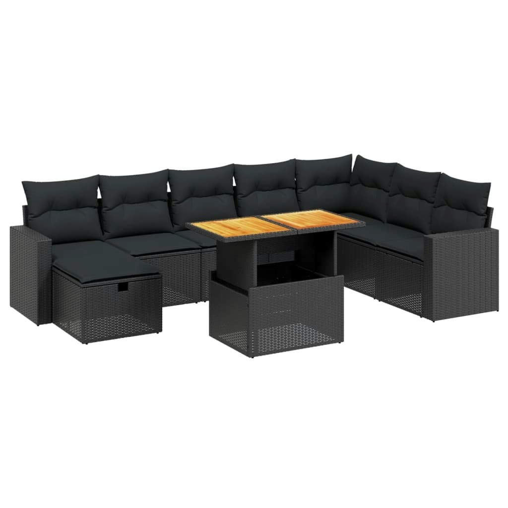 9 Piece Garden Sofa Set with Cushions Black Poly Rattan 3271447